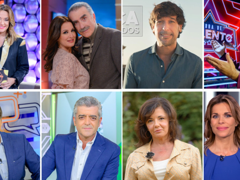 Un collage de diferentes presentadores y presentadoras de programas televisivos, con un fondo colorido y llamativo.