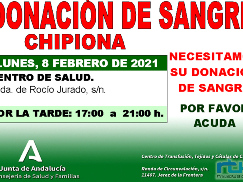 El 8 de febrero habrá nueva donación colectiva en Chipiona porque se necesita sangre de todos los grupos