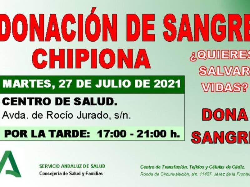 Donación colectiva de sangre martes 27 de julio en Chipiona, nueva oportunidad ahora que bajan las reservas