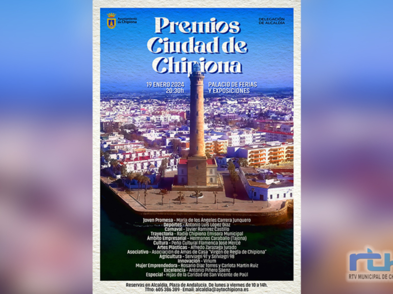 Abierto el plazo de reservas para asistir al acto de entrega de los Premios Ciudad de Chipiona 2023 el próximo 19 de enero 