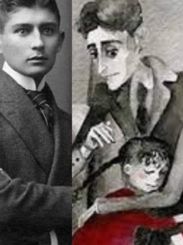Dos retratos antiguos de Franz Kafka, uno en traje formal y otro con una figura humana en su regazo.