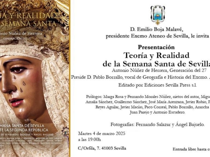 Este martes Presentación de una nueva edición de 'Teoría y Realidad ‘por primera vez en una colección de libros de la Semana Santa de Sevilla'.