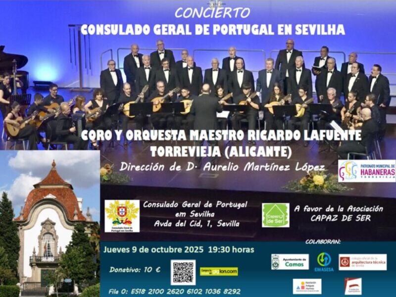 Concierto del Coro y Orquesta Maestro Ricardo Lafuente en el Consulado Geral de Portugal en Sevilla. Dirigido por Aurelio Martínez López. Jueves 9 de octubre de 2025 a las 19:30 horas. Donativo: 10 €. Colaboraciones: Habaneras, Cames, EMASESA.