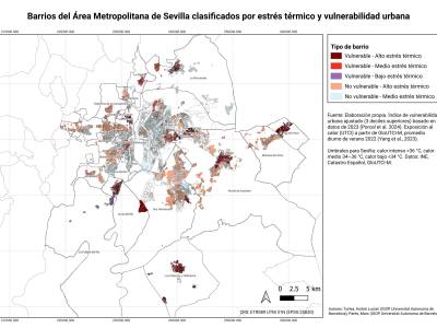 Mapa del proyecto ADIS con los barrios del área metropolitana de Sevilla clasificados por estrés térmico y vulnerabilidad urbana.